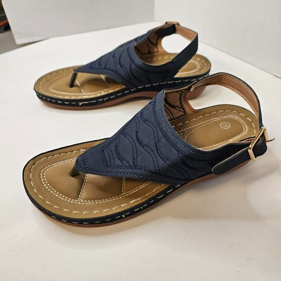 Women Blue Sandals Summer Slippers Open Toe Shoes Size 42 Slope Heel - Picture 3 of 12